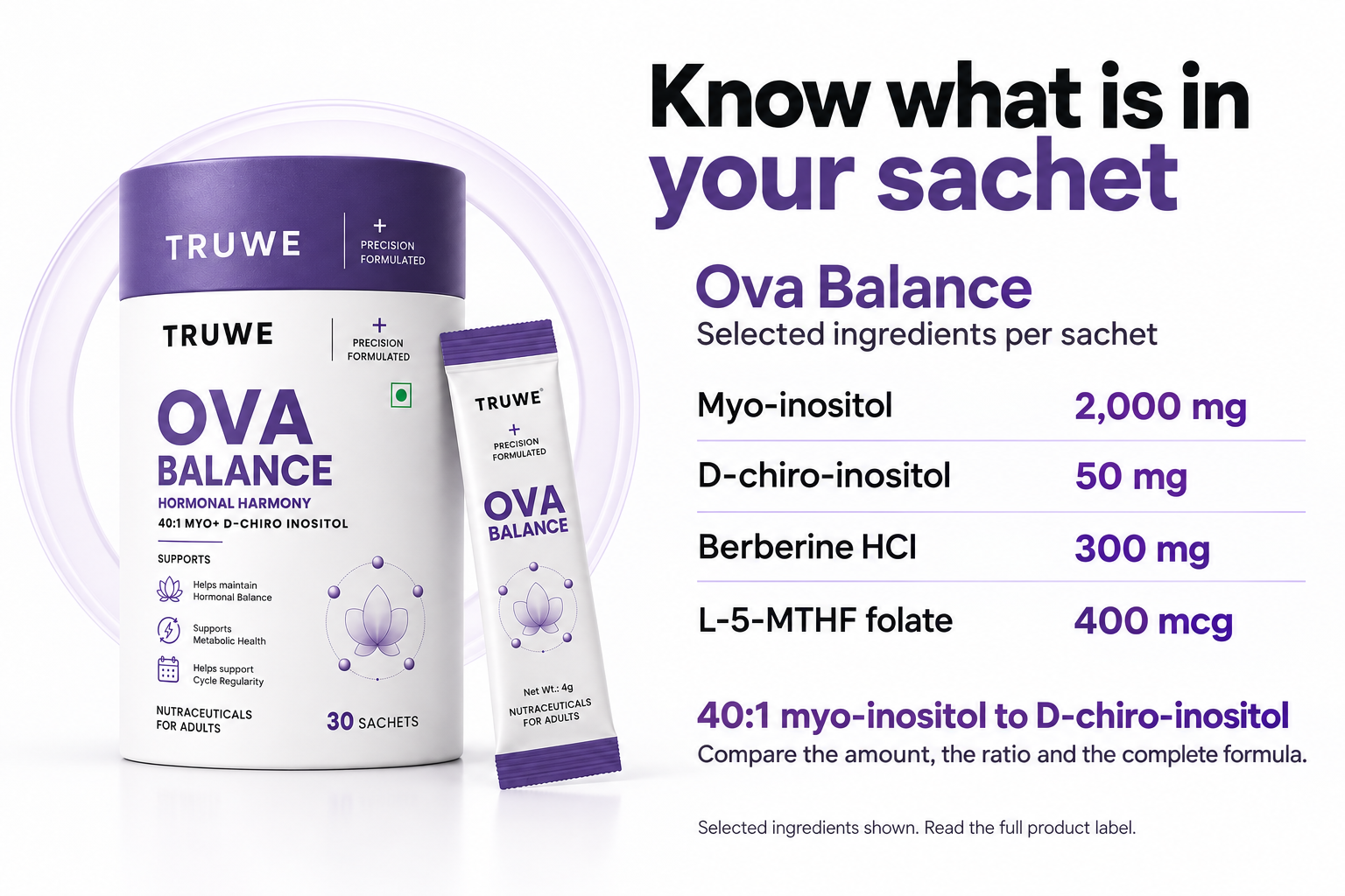 Ova Balance selected ingredients per sachet: myo-inositol 2,000 mg, D-chiro-inositol 50 mg, Berberine HCl 300 mg, L-5-MTHF folate 400 mcg.
