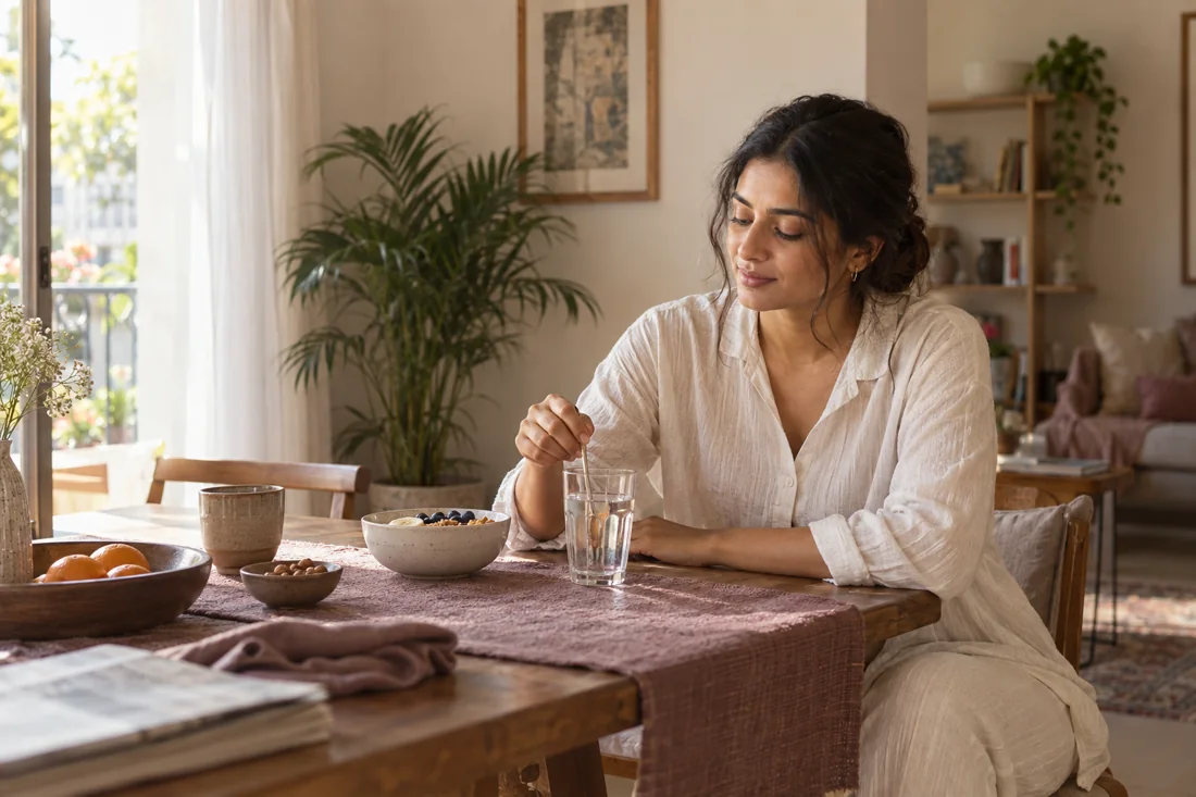 A woman preparing her daily drink at a sunlit table