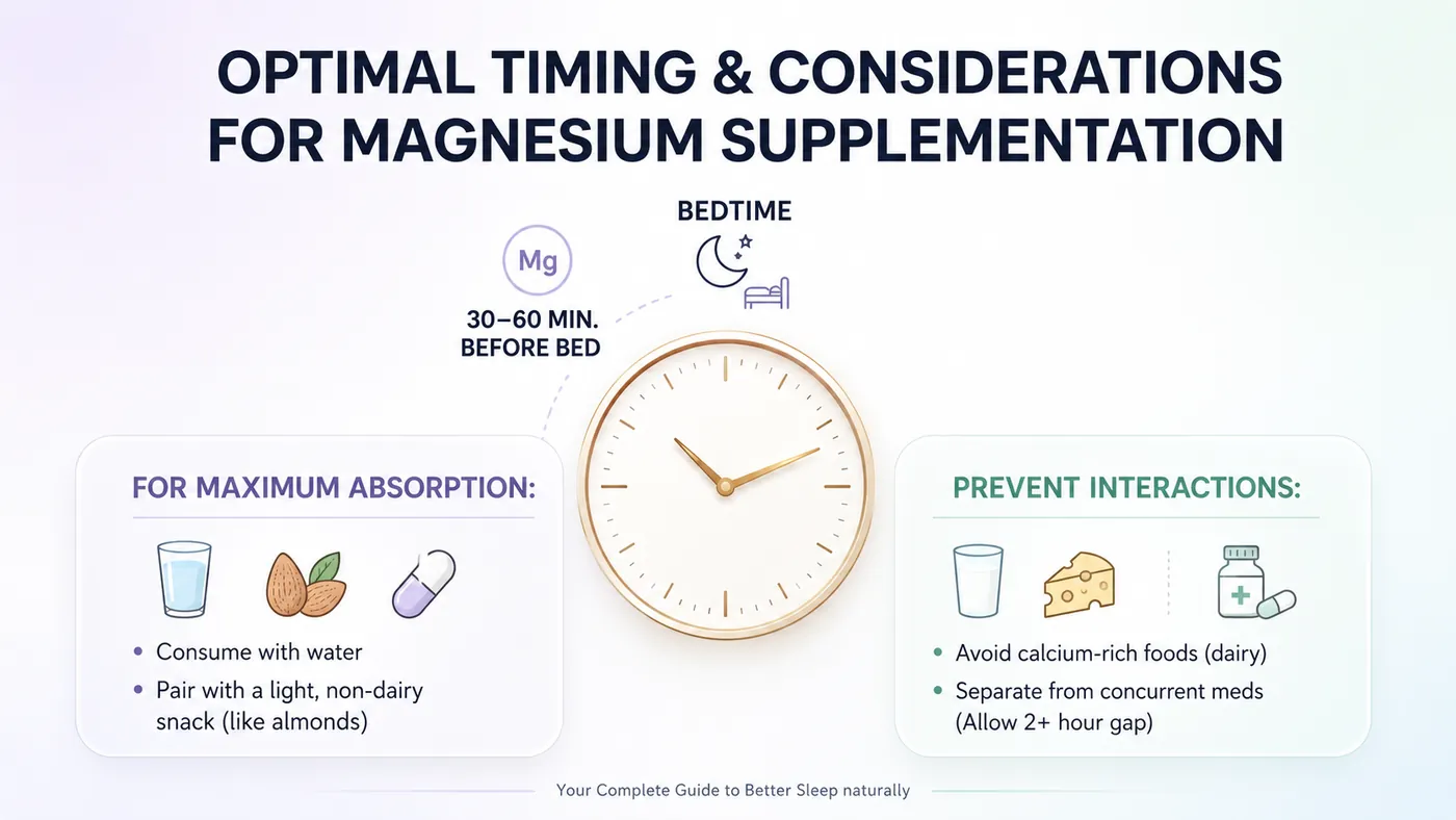 Optimal timing and considerations for magnesium supplementation, take 30-60 minutes before bed with water, avoid calcium-rich foods
