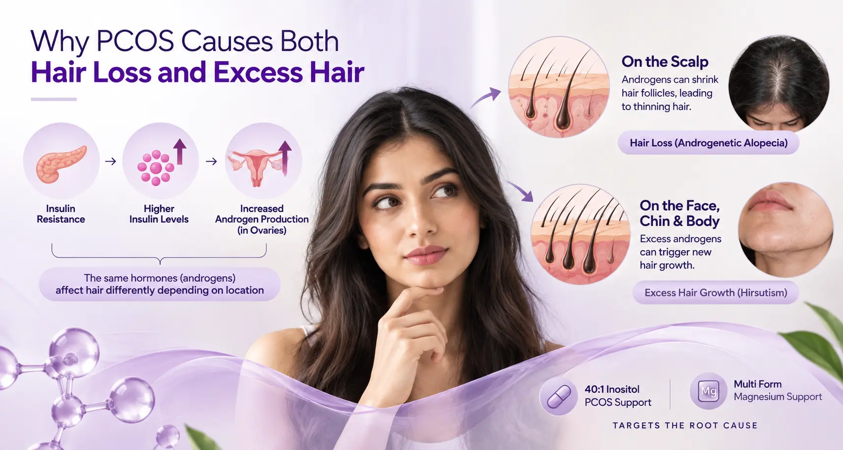 Why PCOS causes both hair loss on the scalp and excess hair growth