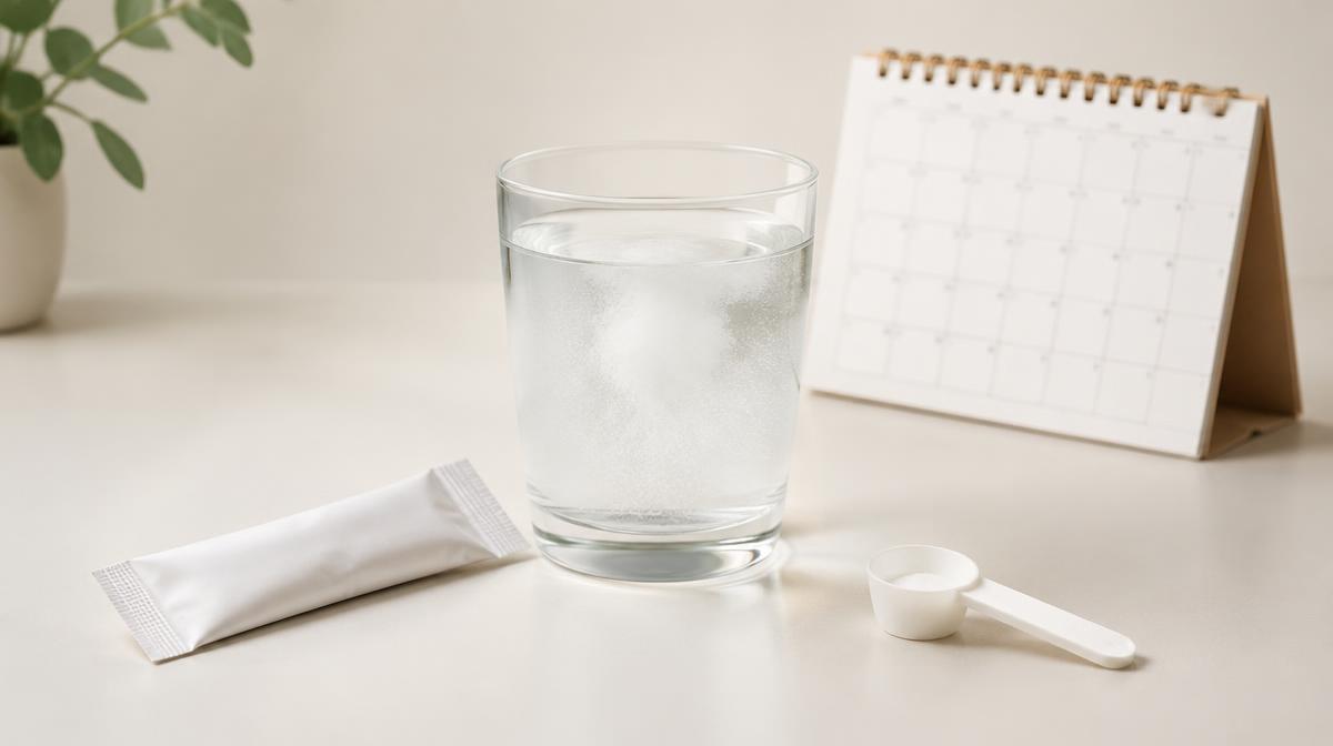 A sachet of inositol powder stirred into a glass of water beside a calendar