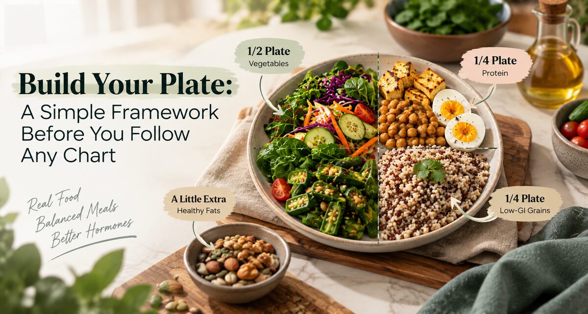 The PCOS plate method: half vegetables, a quarter protein, a quarter low-GI grain