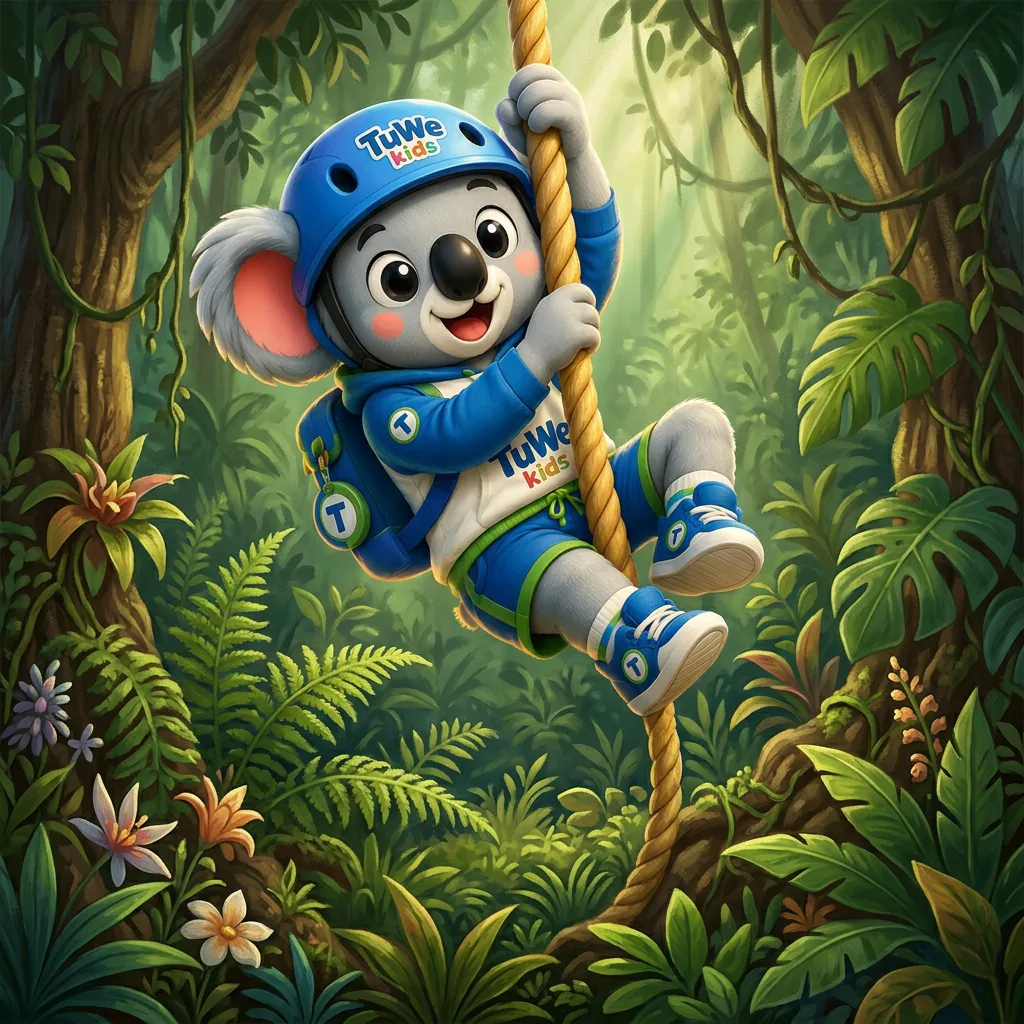 Captain TruWe. TruWe Kids koala mascot climbing a rope through the jungle