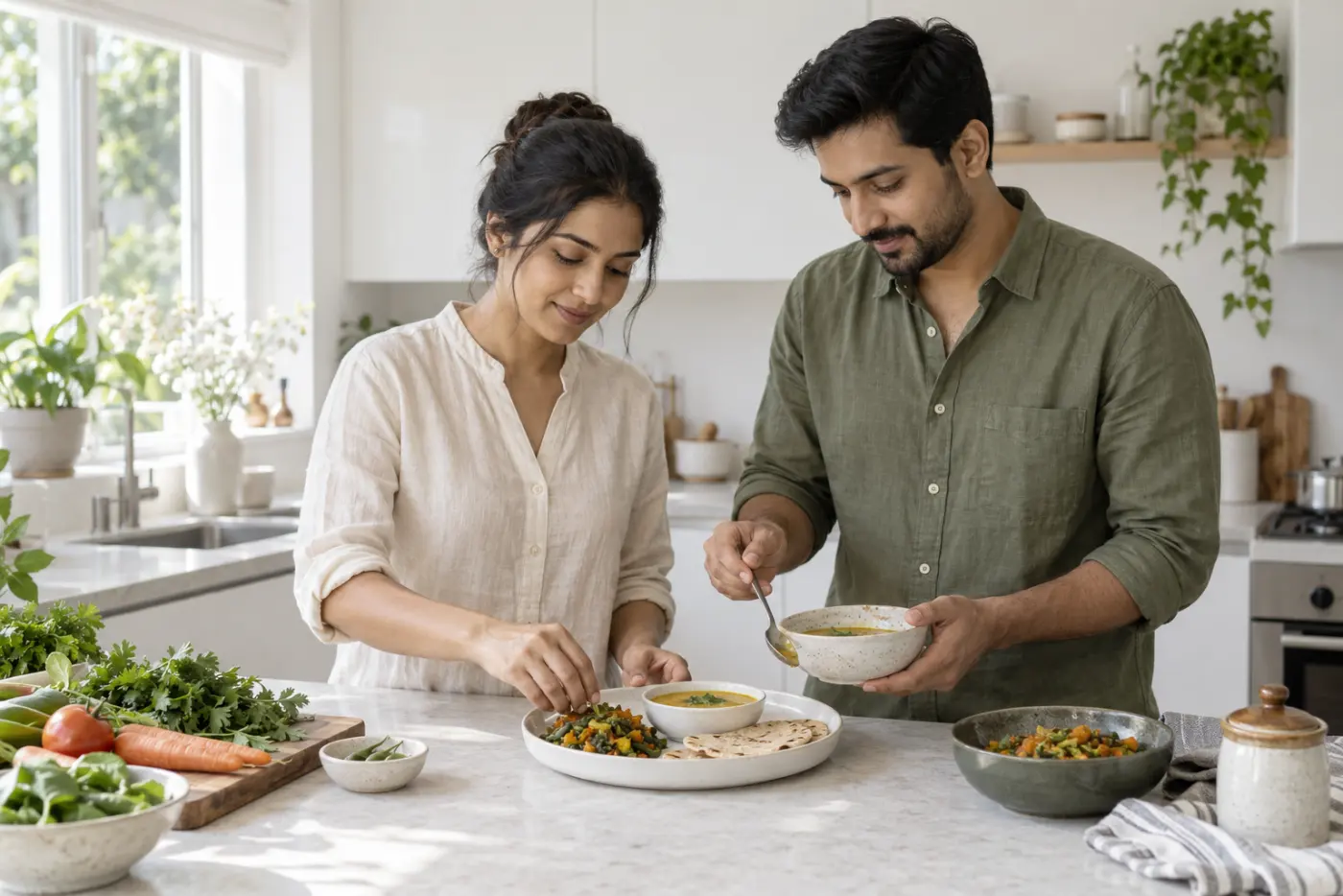 Illustrative scene of adults preparing a balanced meal